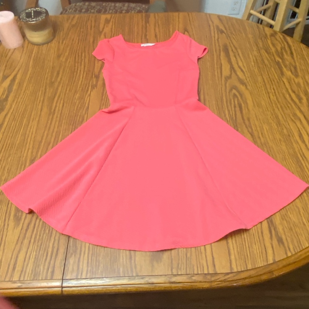 Pink Fit and Flare Midi Dress with Flutter Cap Sleeves